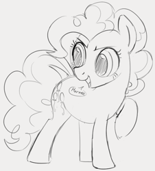 Size: 589x651 | Tagged: safe, artist:dotkwa, pinkie pie, earth pony, pony, female, mare, monochrome, open mouth, raised hoof, simple background, smiling, talking