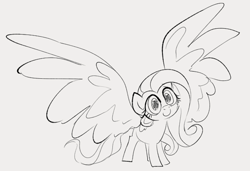 Size: 594x406 | Tagged: safe, artist:dotkwa, fluttershy, pegasus, pony, female, large wings, mare, monochrome, simple background, smiling, spread wings, wings