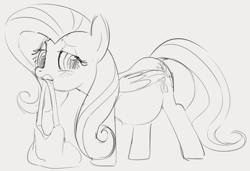 Size: 732x502 | Tagged: safe, artist:dotkwa, fluttershy, pegasus, pony, bag, blushing, female, large belly, looking back, mare, monochrome, mouth hold, pregnant, simple background