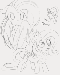 Size: 588x734 | Tagged: safe, artist:dotkwa, fluttershy, starlight glimmer, pegasus, pony, unicorn, cross-eyed, drawpile, female, mare, monochrome, open mouth, scrunch, simple background, smiling