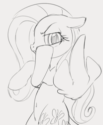 Size: 463x560 | Tagged: safe, artist:dotkwa, fluttershy, pegasus, pony, female, flipping off, frown, mare, monochrome, simple background, vulgar, wip