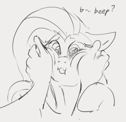 Size: 396x383 | Tagged: safe, artist:dotkwa, fluttershy, human, pony, female, mare, monochrome, open mouth, raised hoof, simple background, talking