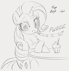 Size: 575x591 | Tagged: safe, artist:dotkwa, rarity, pony, unicorn, candle, cupcake, female, food, mare, monochrome, simple background, sitting, smiling, straw, table