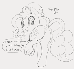 Size: 667x622 | Tagged: safe, artist:dotkwa, pinkie pie, pony, butt, dock, female, implied anon, looking back, mare, monochrome, open mouth, plot, raised hoof, raised tail, simple background, smiling, tail, talking