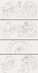 Size: 588x1134 | Tagged: safe, artist:dotkwa, dj pon-3, vinyl scratch, oc, oc only, oc:dotmare, earth pony, pony, unicorn, comic, confused, female, glasses, magic, mare, monochrome, mouth hold, record, simple background, smiling