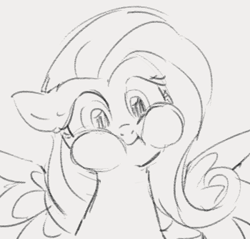 Size: 350x334 | Tagged: safe, artist:dotkwa, fluttershy, pegasus, pony, female, mare, monochrome, puffy cheeks, simple background, smiling, spread wings, wings