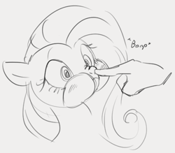 Size: 465x408 | Tagged: safe, artist:dotkwa, fluttershy, human, pony, boop, female, frown, mare, monochrome, poking, puffy cheeks, simple background
