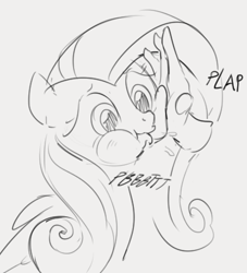 Size: 406x448 | Tagged: safe, artist:dotkwa, fluttershy, human, pegasus, pony, bothering, female, mare, monochrome, puffy cheeks, simple background