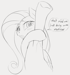 Size: 525x569 | Tagged: safe, artist:dotkwa, fluttershy, pegasus, pony, armpits, female, mare, monochrome, open mouth, raised arm, simple background, talking