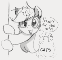 Size: 732x710 | Tagged: safe, artist:dotkwa, lyra heartstrings, pony, unicorn, bag, cute, dialogue, expensive imported oats, female, food, long neck, magic, mare, monochrome, oats, simple background, solo, telekinesis, wip