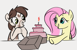 Size: 867x562 | Tagged: safe, artist:dotkwa, fluttershy, oc:dotmare, earth pony, pegasus, pony, cake, candle, female, food, mare, open mouth, simple background, sitting, smiling, white background