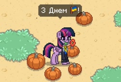 Size: 622x421 | Tagged: safe, artist:stanislavchyyyk, imported from derpibooru, twilight sparkle, alicorn, pony, pony town, cyrillic, independence day, pumpkin, solo, twilight sparkle (alicorn), ukraine, ukraine flag, ukrainian, ukrainian independence day