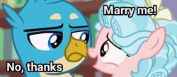 Size: 1219x533 | Tagged: safe, edit, edited screencap, imported from derpibooru, screencap, cozy glow, gallus, griffon, pegasus, pony, what lies beneath, cropped, duo, female, filly, foal, gallus is not amused, male, unamused