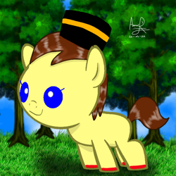 Size: 768x768 | Tagged: safe, artist:mazakbar567, edit, imported from derpibooru, oc, oc only, oc:bouraq, earth pony, pony, baby, baby pony, blue eyes, brown mane, cap, cute, forest, grass, hat, male, smiling