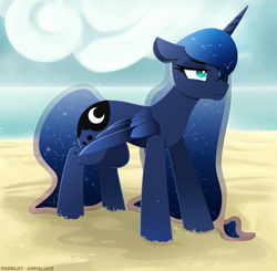 Size: 2200x2152 | Tagged: safe, artist:andaluce, artist:pabbley, imported from derpibooru, princess luna, alicorn, pony, beach, constellation, ethereal mane, female, floppy ears, frown, grumpy, high res, lineless, long mane, long tail, mare, ocean, partially open wings, sand, signature, slim, solo, starry mane, starry tail, tail, water, wet, wet mane, wings