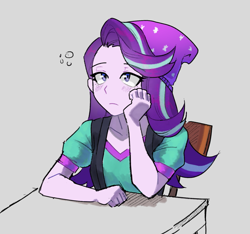 Size: 1937x1816 | Tagged: safe, artist:strelitzias, imported from derpibooru, starlight glimmer, human, equestria girls, beanie, bored, chair, desk, eyebrows, eyebrows visible through hair, female, frown, hand on cheek, hat, lidded eyes, sad, sitting, solo, starlight glimmer is not amused, unamused