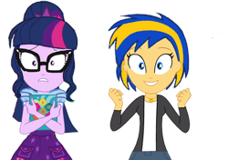 Size: 1280x899 | Tagged: safe, artist:mlpfan3991, artist:yaya54320bases, imported from derpibooru, sci-twi, twilight sparkle, oc, oc:flare spark, human, equestria girls, book, duo, duo female, equestria girls-ified, excited, female, fist pump, glasses, happy, pose, simple background, smiling, transparent background