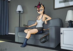 Size: 1280x905 | Tagged: safe, artist:apocheck13, imported from derpibooru, oc, oc only, oc:hexen, anthro, kirin, plantigrade anthro, couch, female, glasses, kirin oc, lamp, remote control, sitting, solo