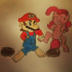 Size: 894x894 | Tagged: artist needed, source needed, safe, imported from derpibooru, pinkie pie, earth pony, human, pony, barefoot, crossover shipping, feet, female, male, mario, mariopie, shipping, straight, super mario bros., traditional art