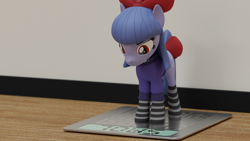 Size: 3840x2160 | Tagged: safe, artist:the luna fan, derpibooru exclusive, imported from derpibooru, oc, oc only, oc:cosmia nebula, pony, 3d, angry, blender, blender cycles, bow, clothes, red eyes, scale, smol, socks, solo, stockings, striped socks, sweater, thigh highs, wooden floor