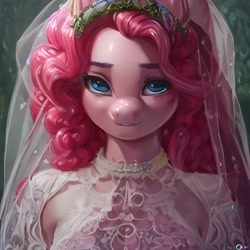 Size: 1024x1024 | Tagged: safe, imported from derpibooru, pinkie pie, anthro, earth pony, ai content, ai generated, beautiful, breasts, bust, clothes, dress, female, floral head wreath, flower, generator:purplesmart.ai, generator:stable diffusion, looking at you, solo, wedding dress