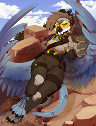 Size: 2457x3215 | Tagged: source needed, safe, artist:hakkids2, imported from derpibooru, oc, oc only, oc:gravia, anthro, cyborg, griffon, armor, beak, castle, clothes, female, headset, knee pads, multiple tails, paws, slit pupils, solo, spread wings, tail, visor, wings
