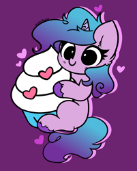 Size: 2893x3597 | Tagged: safe, artist:kittyrosie, imported from derpibooru, izzy moonbow, pony, unicorn, cupcake, cute, floating heart, food, g5, heart, izzybetes, purple background, simple background, solo