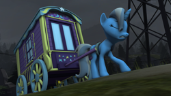 Size: 3840x2160 | Tagged: safe, artist:botxs, imported from derpibooru, trixie, pony, unicorn, 3d, eyes closed, female, gritted teeth, high res, mare, pulling, solo, source filmmaker, teeth, trixie's wagon, wagon