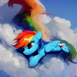 Size: 1024x1024 | Tagged: safe, imported from derpibooru, rainbow dash, pegasus, pony, ai content, ai generated, cloud, female, generator:purplesmart.ai, generator:stable diffusion, lying down, lying on a cloud, mare, on a cloud, red eyes, solo