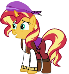 Size: 720x766 | Tagged: safe, artist:bugssonicx, edit, imported from derpibooru, sunset shimmer, pony, unicorn, equestria girls, movie magic, spoiler:eqg specials, bandana, boots, female, hat, mare, pirate, shoes, simple background, smiling, solo, transparent background