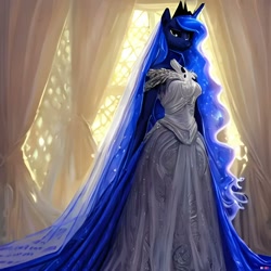 Size: 1024x1024 | Tagged: safe, imported from derpibooru, princess luna, alicorn, anthro, ai content, ai generated, backlighting, clothes, curtains, dress, female, generator:purplesmart.ai, generator:stable diffusion, long mane, solo, white dress, window