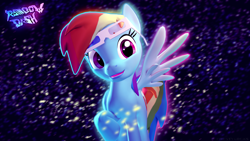 Size: 3840x2160 | Tagged: safe, imported from derpibooru, rainbow dash, pegasus, pony, 3d, 4k, absurd resolution, blue background, female, glasses, glowing, happy, high res, logo, looking at you, mare, raised hoof, simple background, smiling, smiling at you, solo, source filmmaker, sparkles, spread wings, stars, text, wallpaper, wave, wings