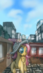 Size: 614x1024 | Tagged: safe, artist:chickhawk96, imported from derpibooru, fluttershy, pegasus, pony, city, hat, market, solo, street