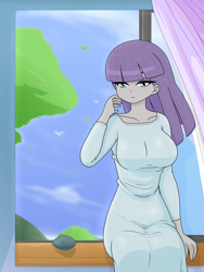 Size: 1668x2224 | Tagged: safe, alternate version, artist:batipin, imported from derpibooru, maud pie, human, equestria girls, boulder (g4), breasts, busty maud pie, female, rock, solo