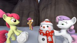 Size: 1920x1080 | Tagged: safe, artist:derpy_fan, imported from derpibooru, apple bloom, scootaloo, sweetie belle, earth pony, pegasus, pony, unicorn, 3d, cutie mark crusaders, snow, snowball, snowman, source filmmaker