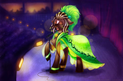 Size: 1100x726 | Tagged: safe, artist:limreiart, imported from derpibooru, oc, oc:scrappy rug, pegasus, clothes, dress, fanfic art, microphone, pegasus oc, singing, spotted