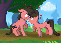 Size: 1754x1240 | Tagged: safe, artist:mrkat7214, imported from derpibooru, oc, oc only, oc:ace play, oc:cutie e, earth pony, pony, blushing, boop, confused, duo, facial hair, female, goatee, looking at each other, looking at someone, male, mare, noseboop, outdoors, path, question mark, r63 paradox, raised hoof, rule 63, self paradox, self ponidox, stallion, tree