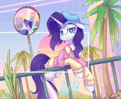 Size: 3052x2480 | Tagged: safe, artist:wavecipher, imported from derpibooru, rarity, pony, unicorn, alternate hairstyle, backwards ballcap, baseball cap, cap, clothes, disguise, female, floppy ears, hat, high res, looking at you, mare, palm tree, plainity, solo, tree, unamused, vaporwave, white pupils