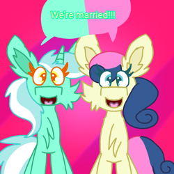 Size: 1280x1280 | Tagged: safe, artist:bluedeerfox14, imported from derpibooru, bon bon, lyra heartstrings, sweetie drops, earth pony, unicorn, duo, duo female, female, lesbian, lyrabon, married couple, shipping, speech bubble, text