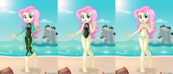 Size: 7032x3035 | Tagged: safe, artist:dieart77, edit, imported from derpibooru, fluttershy, human, equestria girls, adorasexy, barefoot, beach, beach shorts swimsuit, belly button, bikini, breasts, cleavage, clothes, cute, dieart77 is trying to murder us, feet, female, fluttershy's beach shorts swimsuit, fluttershy's one-piece swimsuit, fluttershy's wetsuit, high res, one-piece swimsuit, sexy, shyabetes, solo, sweet dreams fuel, swimsuit, wetsuit