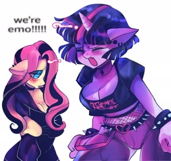 Size: 3000x2834 | Tagged: safe, artist:katarinacipcic, imported from derpibooru, fluttershy, twilight sparkle, anthro, breasts, choker, cleavage, duo, duo female, ear piercing, earring, emo, emo twilight, emoshy, female, floppy ears, hair over one eye, jewelry, lidded eyes, midriff, piercing, simple background, spiked wristband, we're emo, white background, wristband, yelling