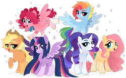 Size: 4836x3000 | Tagged: safe, artist:kabuvee, imported from derpibooru, applejack, fluttershy, pinkie pie, rainbow dash, rarity, twilight sparkle, alicorn, earth pony, pegasus, pony, earth pony fluttershy, female, high res, looking at you, mane six, mare, open mouth, pegasus pinkie pie, race swap, simple background, smiling, transparent background, twilight sparkle (alicorn)