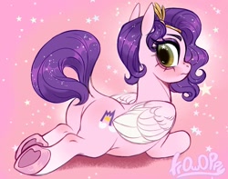 Size: 1957x1540 | Tagged: safe, artist:frowoppy, imported from derpibooru, pipp petals, pegasus, pony, backwards cutie mark, blushing, butt, colored wings, eyebrows, female, folded wings, frown, g5, hooves, looking at you, looking back, looking back at you, lying down, mare, pipp butt, plot, prone, rear view, signature, solo, starry eyes, underhoof, wingding eyes, wings