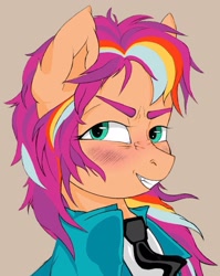 Size: 1215x1524 | Tagged: safe, artist:gonnabemyday, imported from derpibooru, sunny starscout, earth pony, pony, anime style, blushing, bust, clothes, cute, evil grin, eyebrows, female, g5, grin, looking at you, mare, messy mane, necktie, shirt, simple background, smiling, smiling at you, smirk, solo, suit, sunnybetes, tan background