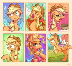 Size: 2048x1878 | Tagged: safe, artist:千雲九枭, imported from derpibooru, applejack, bird, chicken, earth pony, pig, pony, applebuck season, applejack's "day" off, bridle gossip, season 1, season 4, season 6, simple ways, alternate hairstyle, apple, applejack is best facemaker, applejewel, bipedal, bowl, bust, chest fluff, chicken dance, chickenjack, clothes, colored, cowboy hat, derp, faic, female, floppy ears, food, freckles, hat, heart, mare, messy hair, scared, scene interpretation, silly, silly pony, stetson, surprised, tired, who's a silly pony, yawn