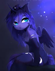 Size: 2430x3133 | Tagged: safe, artist:magnaluna, imported from derpibooru, princess luna, alicorn, anthro, bare shoulders, breasts, cleavage, clothes, dress, female, gloves, high res, horn, lips, looking back, reasonably sized breasts, sleeveless, solo, stockings, strapless, thigh highs, wings