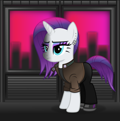 Size: 4795x4842 | Tagged: safe, artist:anime-equestria, imported from derpibooru, rarity, pony, unicorn, absurd resolution, alternate hairstyle, city, clothes, cybernetic eyes, cyberpunk, ear piercing, eyeshadow, female, horn, jacket, makeup, mare, piercing, solo