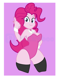 Size: 4000x5216 | Tagged: safe, artist:milkyboo898, imported from derpibooru, pinkie pie, human, equestria girls, breasts, bunny suit, busty pinkie pie, cleavage, clothes, cuffs (clothes), female, humanized, leotard, looking at you, obtrusive watermark, pink background, raised finger, sexy, simple background, smiling, socks, solo, thigh highs, watermark