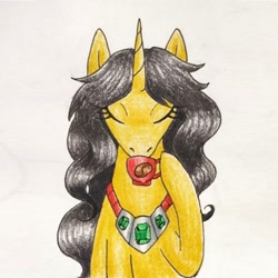 Size: 960x960 | Tagged: safe, artist:mintytreble, imported from derpibooru, oc, oc only, oc:emerald heart, pony, unicorn, coffee, coffee cup, cup, female, solo, traditional art