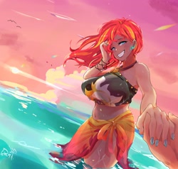 Size: 2000x1900 | Tagged: safe, artist:sozglitch, imported from derpibooru, sunset shimmer, oc, oc:generic messy hair anime anon, human, beach, belly button, big breasts, bikini, breasts, busty sunset shimmer, clothes, female, grin, holding hands, huge breasts, humanized, male, male pov, nail polish, ocean, offscreen character, offscreen male, plump, pov, sarong, smiling, solo focus, sunset, sunset shimmer's beach shorts swimsuit, swimsuit, water, wet, windswept hair